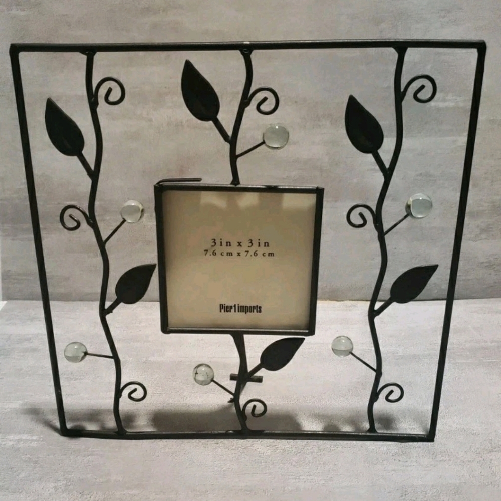Pier 1 Imports Brown Metal Leaf Frame Clear Glass Accents  3"×3" Photo Opening